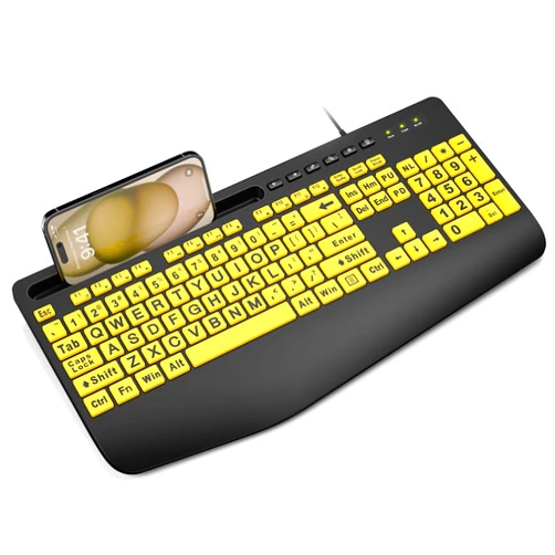 SABLUTE Large Print Keyboard Wired Computer Keyboards with Wrist Rest, Phone Holder, Big Letters Easy to Read Compatible Windows, Desktop, Laptop, Yellow