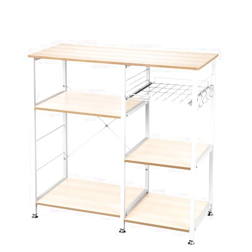 VINGLI Kitchen Storage Microwave Oven Stand 35.5 Inch Industrial Workstation Organizer Utility Storage Shelf 3-Tier+4-Tier Baker's Rack with White Metal Frame 5 S-Hooks (Beige)