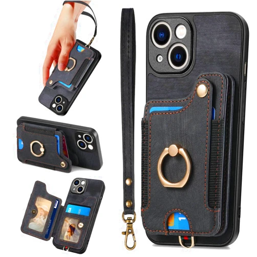 JanCalm for iPhone 14 Case,Phone Case for iPhone 13,Card Holder Wallet,Ring Holder Stand,RFID-Blocking,Wrist Strap,Camera Protector,Leather Protective Magnetic Flip Cover for iPhone 13/14 (Black)