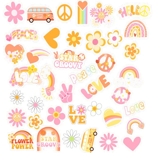 ZOIIWA 280Pcs Hippie Theme Temporary Tattoos Stickers 70's Theme Tattoos Stickers Hippie Face Body Stickers For Adults And Kids Cute Cartoon Printing Hippie Theme Assorted Groovy Party Supplies