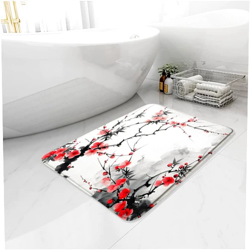 BNYARH Japanese Floral Bath Mat Red Cherry Blossom Plum Blossom Asian Ink Art Vintage Bathroom Rug Microfiber Memory Foam Home Decor Rugs 16X24 Inch