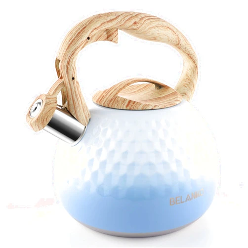 BELANKO Tea Kettle, 2.7 Quart / 3 Liter BELANKO Stainless Steel Tea Kettles for Stove Top, Food Grade Teapot with Wood Pattern Handle Loud Whistling for Coffee, Milk, Gas Electric Applicable - Gradient Blue