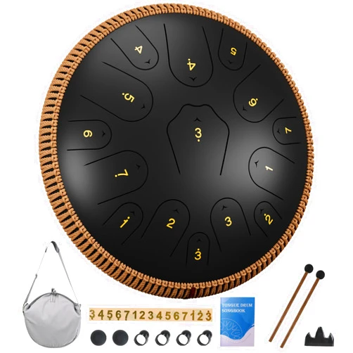 Lidguni Steel Tongue Drum - 14 Inch 15 Note Tongue Drum for Adults - Hand Pan Drum with Music Book, Handpan Drum Mallets and Carry Bag, C Major, Black