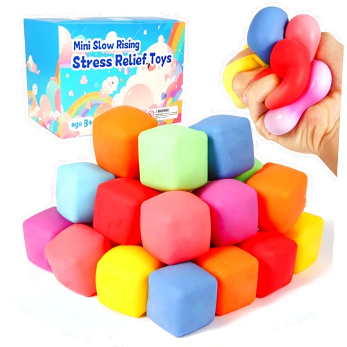 Neec 24 PACK Slow Rising Stress Cube, Dough Stress Balls Soft Fidget Squishy Toys for Anxiety Relief, Pull Stretch Classroom Prize Party Favors Toys for Kids