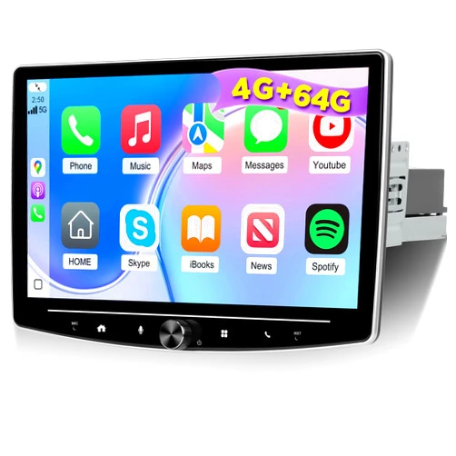 EKAT [4G+64G] 10 inch Android Single Din Car Stereo Rotatable 10.1 inch Touch Screen Carplay Radio with Wireless Car Play/Android Auto/Bluetooth//FM RDS/SWC/GPS + AHD Backup Camera