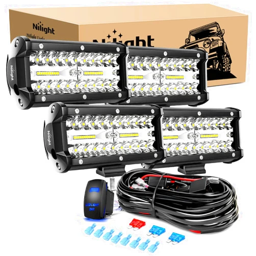 Nilight LED Pods 4PCS 6.5 Inch 120W Light Bar Triple Rows Spot Flood Combo Driving Lights 5Pin Rocker Switch Wiring Harness Kit-4 Leads, 2 Years Warranty (ZH047)