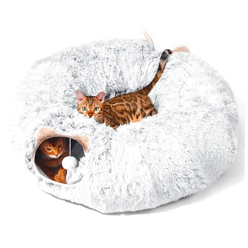 ZVBEK Cat Tunnel with Cat Bed for Indoor Cats, Soft Plush Peekaboo Cat Cave Donut Tunnel, Multifunctional Cat Playground Toys Hideplace for Small Medium Large Cats, Kittens, Rabbit, Ferret (Grey)