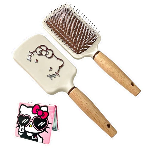 Cyncoy Cute Cartoon Hair Brush with small mirror for Women & Girls, Wooden Handle Friendly Massage Scalp Brush for Thick Curly Thin Long Short Wet & Dry Hair