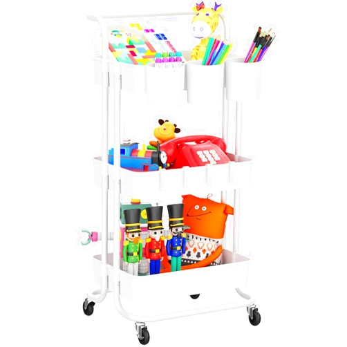 LEHOM 3-Tier Rolling Utility Cart with Hanging Cups & Hooks & Handle, Plastic Art Cart Organizer Storage with Wheels, Easy Assembly for Office, Bedroom, Kitchen, Bathroom, Laundry (White)