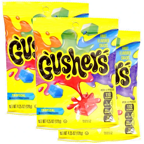 THE HAMPTON CANDY COMPANY Gushers Tropical Flavors, 3 Pack (4.25oz Each Bag), Fruit Flavored Snack Packs