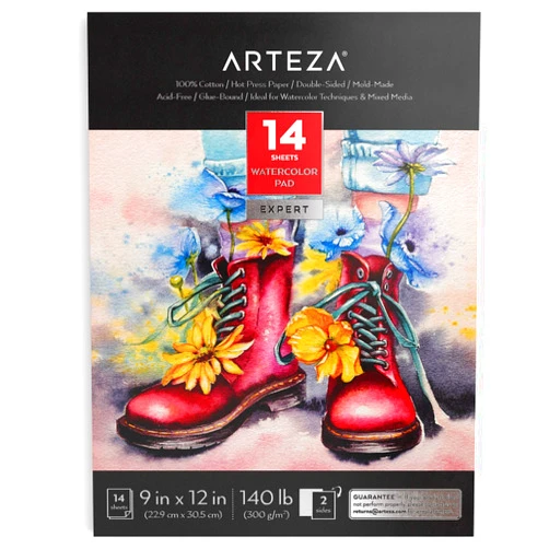 ARTEZA Watercolor Paper, 14 Sheets, 9x12 Inches Water Pad, 140lb/300gsm, 100% Cotton, Double-Sided, Hot Press, Acid Free Art Paper