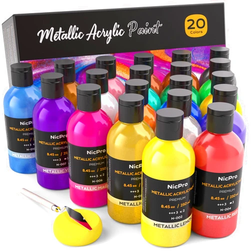 Nicpro Metallic Acrylic Paint Set (8.45 oz, 250 ml), 20 Colors Large Acrylic Paint Bulk, Non Toxic Art Painting Supplies for Multi Surface Canvas Rock Wood Leather Stone Metal Craft with Color Wheel