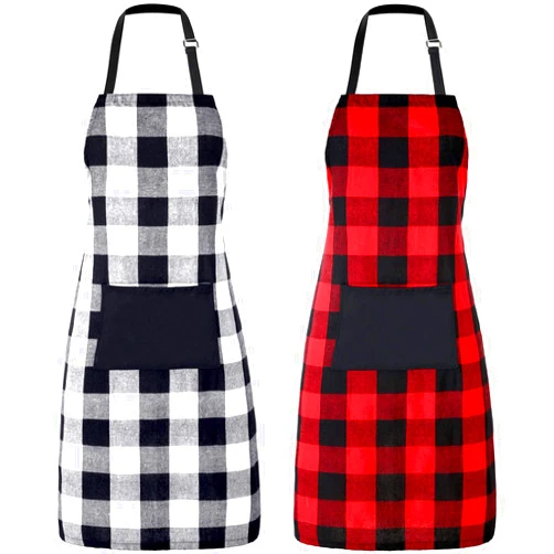 Geyoga 2 Pieces Buffalo Plaid Apron Cotton Cooking Apron Adjustable Bib Aprons with Pocket for Christmas Cooking Baking