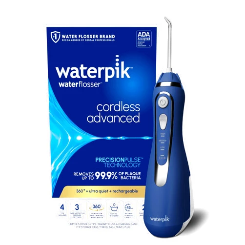 Waterpik Cordless Advanced 2.0 Water Flosser For Teeth, Gums, Braces, Dental Care With Travel Bag and 4 Tips, ADA Accepted, Rechargeable, Portable, and Waterproof, Blue WP-583, Packaging May Vary