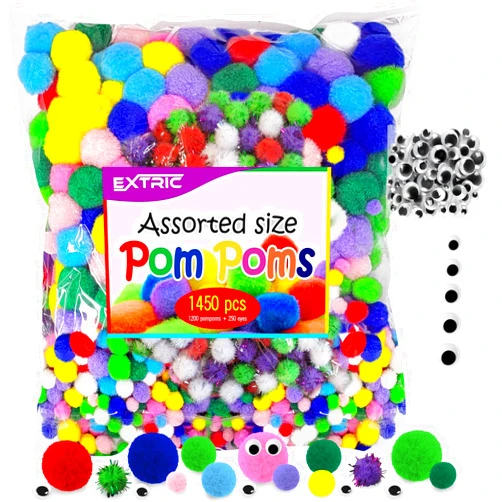 EXTRIC 1200 Pcs Pom Poms, Multicolor Pom Poms, Bulk Pack, Assorted Sizes & Colors with 250 Googly Eyes, Glittery Fuzzy Balls for DIY Crafts and Decorations