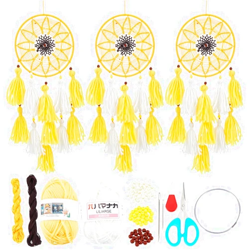 INFUNLY 3 Set Sunflower Dream Catcher for Spring Yellow Dream Catcher Wall Decor Tassel Dream Catcher Hanging Ornament with Instruction Bohemian Dream Catcher Making Kit for Bedroom Wall Home Decor