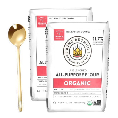 Moofin King Arthur Flour Organic Unbleached All Purpose Flour, Bundle with Moofin Golden SS Spoon Flour for Baking, Hard Red Wheat (2 lb Bag)[pack of 2]
