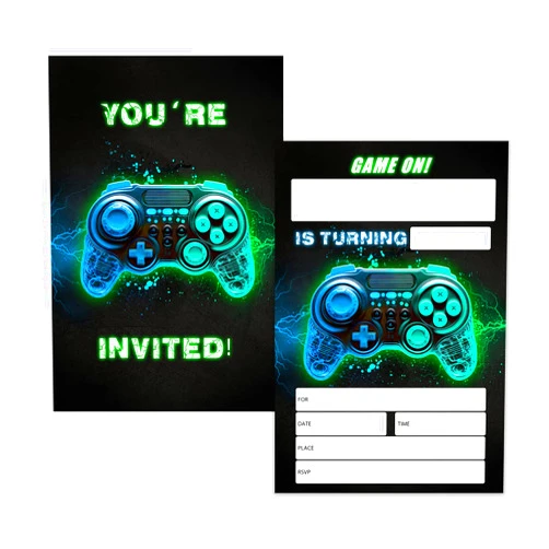Rifyue Video Game Birthday Party Invitation, Gamer Birthday Invite for Boys Girls, Green Blue Glow Invite, Gaming, Game Party(20 invitations+20 Envelopes)