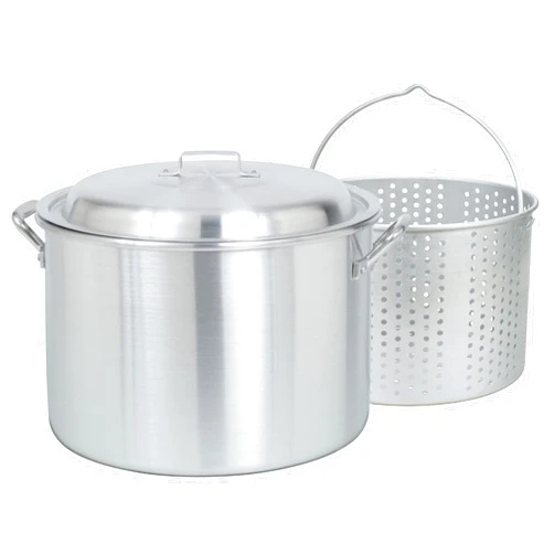 Bayou Classic 4020 20-qt Aluminum Stockpot w/ Basket Features Domed Vented Lid Heavy Riveted Handles Perforated Aluminum Basket Perfect For Boiling and Canning Handcrafted Design