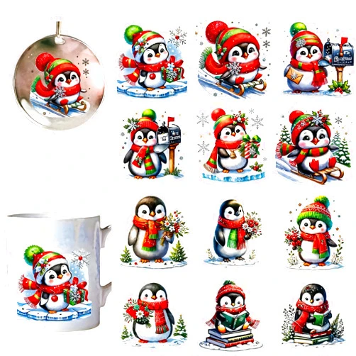 Delupmt 12pcs Christmas Tree Penguin UV DTF Cup Wraps Transfer Waterproof Sticker for Glass Cups Furniture Craft DIY Crafts，Rub on Transfer Stickers for DIY Water Bottle Laptop Decal Wood Car