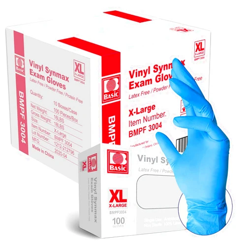 Generic Basic Medical Synmax Vinyl Exam Gloves - Latex-Free & Powder-Free - X-Large, BMPF-3004(Case of 1,000),Blue