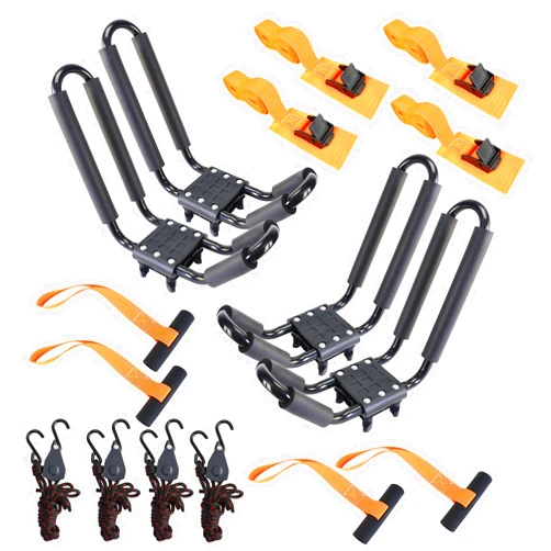 YUANSHI Kayak Roof Rack 2 Pairs Heavy Duty J-Bar Carrier Holder for Canoe, SUV, Cars, Truck, Surf Ski, Tie-Mount on Car Roof Top Crossbar for Trip - Includes 8 Pcs Ratchet, Set of 4