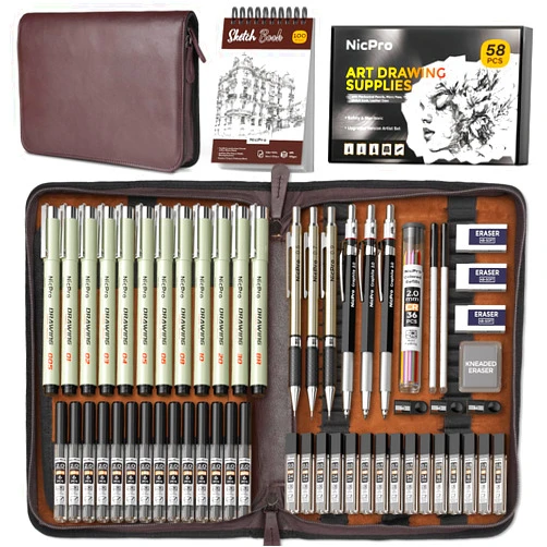 Nicpro 58 PCS Art Drawing Supplies Kit in Leather Case, Art Mechanical Pencil Set with 6 Metal Drafting Pencil 0.5 & 0.7 & 0.9 & 2mm, 12 Micron Pen, Sketch Book, 30 Tube Lead Refills for Sketching