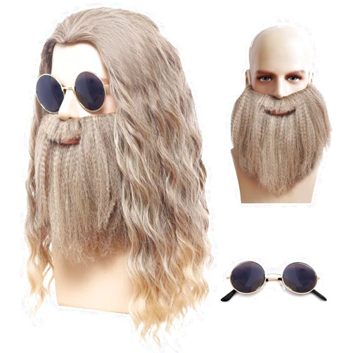 Tembol Men Long Curly Wig Brown Gradient Golden, Thor Wig Anime Cosplay with Beard and Glasses Costume Party
