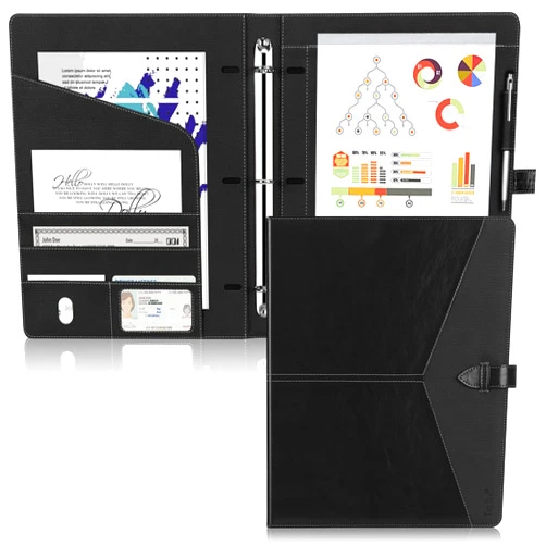Toplive Padfolio 3 Ring Binder Organizer Business Portfolio Folder for Women, A4/ Letter Size PU Leather Portfolio Padfolio for Interview Conference Presentation, Black