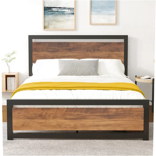 ikalido Queen Metal Platform Bed Frame with Wooden Headboard and Footboard, Heavy Duty Metal Strong Supports, Mattress Foundation, No Box Spring Needed, Easy Assembly, Noise-Free