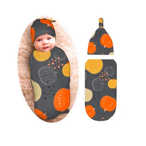 Osvbs Cute Pumpkin Halloween Baby Stuff Newborn Swaddle Blankets outfit Beanie Hat Sets Soft and Stretchy Blanket Swaddle Sack for Boy and Girl Baby Photography