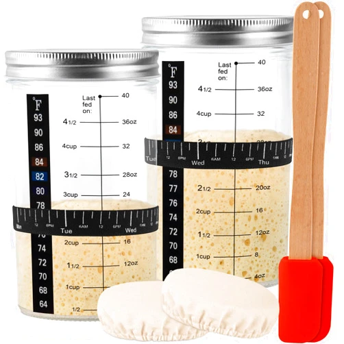 Tyniaide 40 Oz Sourdough Starter Kit 2 Pack– Extra Thermometer Strips and Breathable Covers Included in Sourdough Starter Jar – A Perfect Sourdough Bread Starter Kit for Beginners to Expert