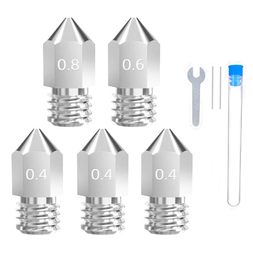 ELEGOO 5pcs Harden Steel Nozzles, MK8 Extruder Nozzles 0.4mm/0.6mm/0.8mm Multi Sizes Wear-Resistant 3D Printer Nozzles with DIY Tools, Compatible with Neptune 3 Series and More