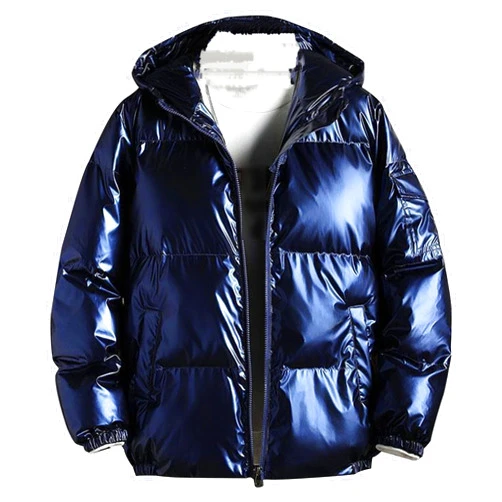 DGHM-JLMY Men's Glossy Padded Winter Hood Coat Metallic Full Zip Down Quilted Puffer Jacket Warm Plus Size Shiny Hooded Coat (Blue,X-Large)