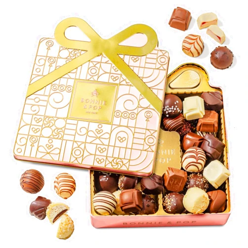 BONNIE AND POP Mothers Day Chocolate Gift Basket, Candy Food Gifts Arrangement Platter, Gourmet Snack Gift Bow Tin Box, Present Idea, Stocking Stuffer, Corporate Him & Her, Men Women Family Parties- Gourmet Belgian Truffles- Pink- Bonnie & Pop
