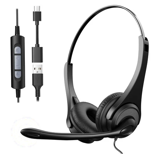Voistek USB Headset with Microphone,USB&USB -C Headphones with Noise Canceling Mic for PC/Laptop,in-Line Controls for Office Work,Call Center,Video Meeting