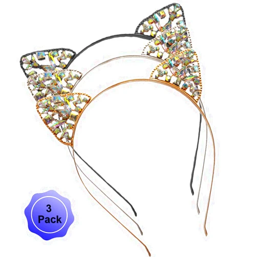 WLBON Cat Ears Headband Rhinestone Cat Hair Bands Crystal Halloween Hair Hoop Women Hairband Party Decoration Headdress Cosplay Costume Headwear Handmade Headpiece Makeup Hair Accessories 3 Pack