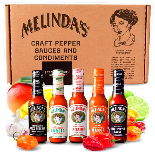 Melinda's Melinda’s Hot Sauce Variety Pack - Extra Spicy Gourmet Hot Sauce Gift Set with Variety of Heat Levels - Includes XXXXtra Reserve, Garlic Habanero, Extra Hot, Mango, Ghost Pepper- 5 oz, 5 Pack
