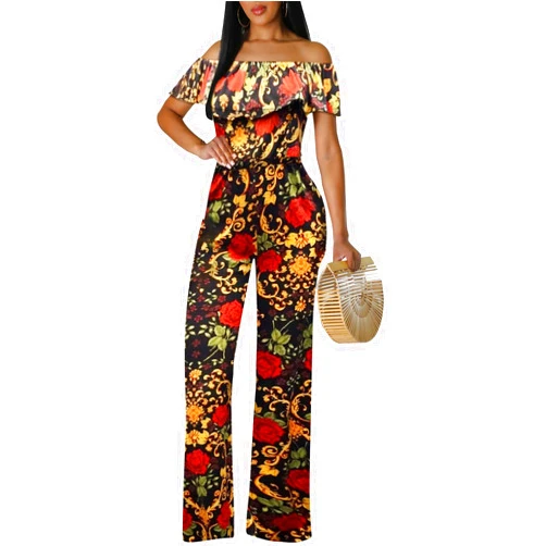 ZonJie Women's Dressy Jumpsuits Summer Sexy Off Shoulder Party Rompers High Waist Ruffles Striped Wide Leg Long Pants
