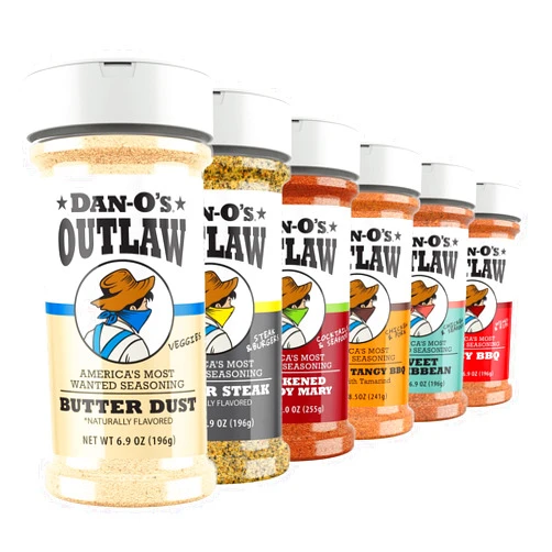 Dan-O's Outlaw Seasoning 6 Bottle Set- Butter Dust, Butter Steak, Spicy BBQ, Sweet Caribbean, Sweet & Tangy BBQ, and Blackened Bloody Mary Seasoning