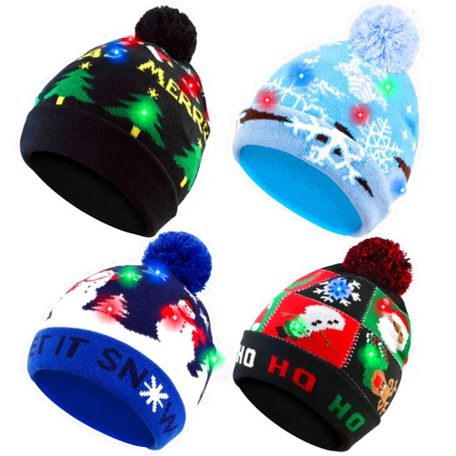 GuardWee 4 Pack LED Light up Christmas Beanie Hats Xmas Knitted Hat Unisex Winter Hat Flashing Cap, Christmas Party Supplies