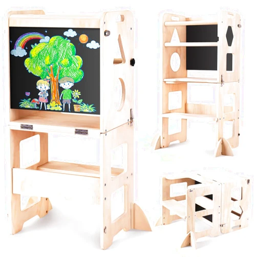 Woodure 4-in-1 Toddler Kitchen Step Stool, Foldable Learning Standing Tower with Blackboard, Wooden Kitchen Stool Helper for Kids, 1-3 Year Old Boy Girl Gifts