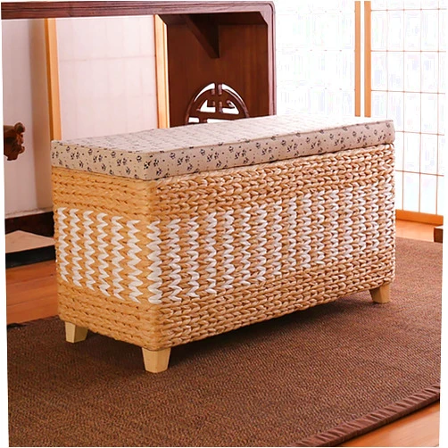 JHFSDFHKV Rattan Storage Ottoman Bench,Woven Wicker Storage Trunk,Rustic Seagrass Footrest Footstool,End of Bed Bench Entryway Shoe Bench for Living Bedroom-Natural 80x30x40cm(31x12x16inch)