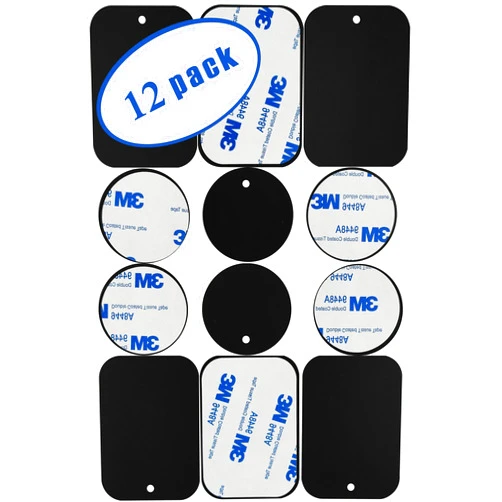 Great 1 Universal Metal Plates with 3M Adhesive for All Magnetic Car Mounts, Cell Phone, Tablet Holder, Cradle-Less, Air Vent Mount, 6 Rectangular, 6 Round, Black (Not a Magnet)