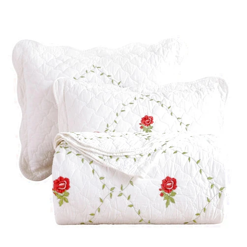 vctops 3-Piece Elegant Flower and Leaf Embroidered Bedspread Coverlet Set Oversize Queen 100% Cotton Reversible Patchwork 1 Quilt and 2 Pillow Shams, Rose