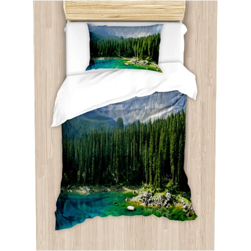 Ambesonne Nature Duvet Cover Set, Aerial View of Pine Forest by Lake Beneath Mountain Pastoral Landscape, Decorative 2 Piece Bedding Set with 1 Pillow Sham, Twin Size, Dark Green Jade Green