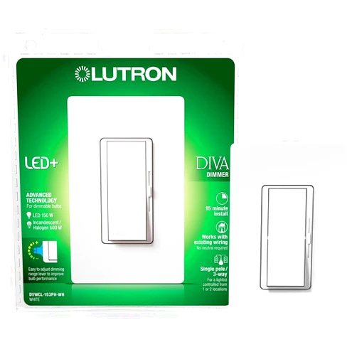 Lutron Diva LED+ Dimmer for Dimmable LED, Halogen and Incandescent Bulbs with Wallplate | 150W/Single-Pole or 3-Way | DVWCL-153PH-WH | White