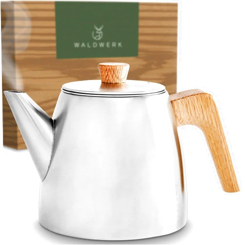 WALDWERK Tea Pot with Infuser - Double Wall Stainless Steel Teapot - Tea Pot with Infuser for Loose Tea - Made from 304 Stainless Steel and Oak Wood - Isolated Teapot with Strainer - 100% Drip Free