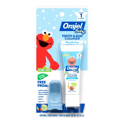 Orajel Baby Elmo Tooth & Gum Cleanser Fluoride-Free, 1 Finger brush, 1 Toothpaste 1oz; #1 Pediatrician Recommended Fluoride-Free Toothpaste*
