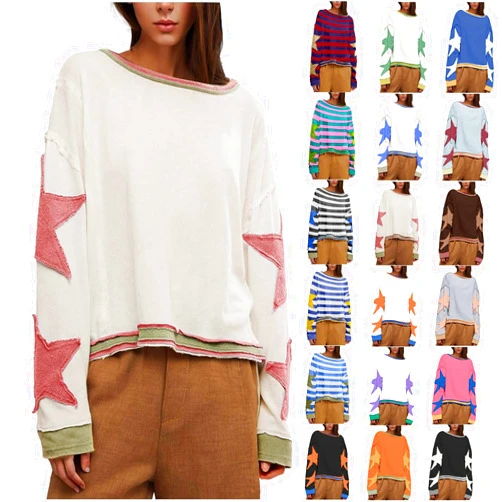 EWASWON Womens Star Oversized Sweatshirt Drop Shoulder Crewneck Y2K Pullover Tops Trendy Preppy Clothes Ladies Fall Clothing